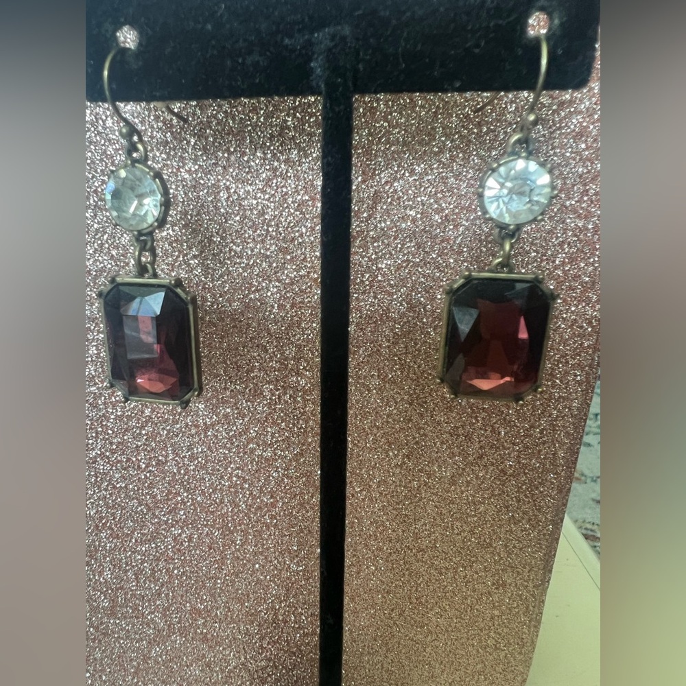 Elegant Red and Brushed Gold Art Deco Drop Earrings